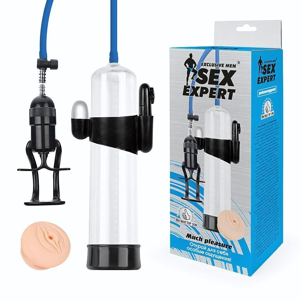 Прозрачная вакуумная вибропомпа Sex Expert с насадкой-вагиной (Цвет: прозрачный)