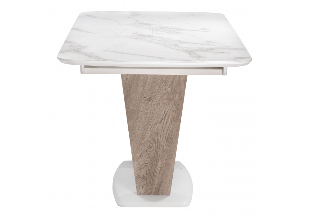 Стол стеклянный Woodville на тумбе Петир белая шагрень, дуб с пилением