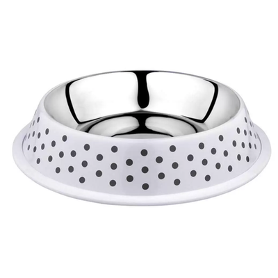 Duvo+ миска для животных металлическая, нескользящая "деко", белая в чёрный горох, 2100мл