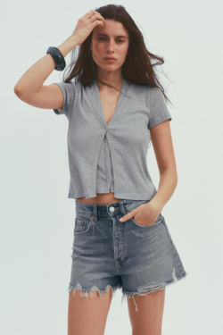 ZARA ДВУХСЛОЙНЫЙ ТОП С ГОРЛОВИНОЙ ХАЛТЕР, СЕРЫЙ С МЕЛАНЖЕВЫМ ЭФФЕКТОМ