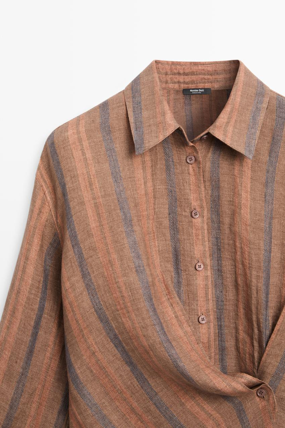 Massimo Dutti Рубашка из 100% льна в полоску с запахом, коричневый