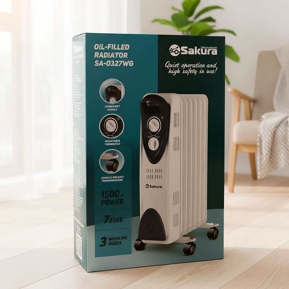 Радиатор масляный Sakura SA-0327WG, 7 секций, 1500Вт, белый/серый