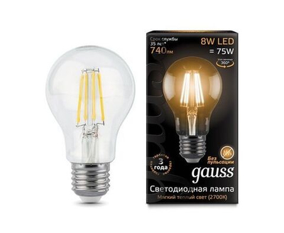 Лампа Gauss Filament ЛОН A60 E27 8W(740lm) 2700K 2K прозрачная 105x60 филамент (нитевидная), 102802108