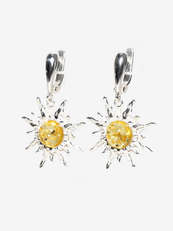 Серебряные серьги с цельным янтарем "Солнце", серебро 925 пробы