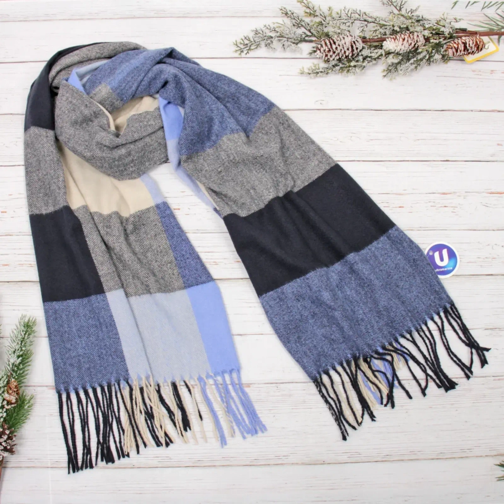 Палантин - шарф «ZIMA», принт в клетку, цвет синий/серый, 180*70см (230гр)