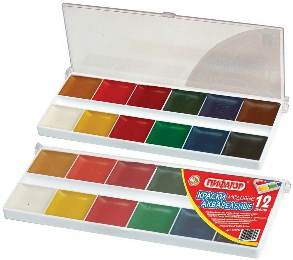 Краски акварельные ПИФАГОР "МЕДОВАЯ РАДУГА", 12 цветов, медовые, без кисти, пластик, 190294