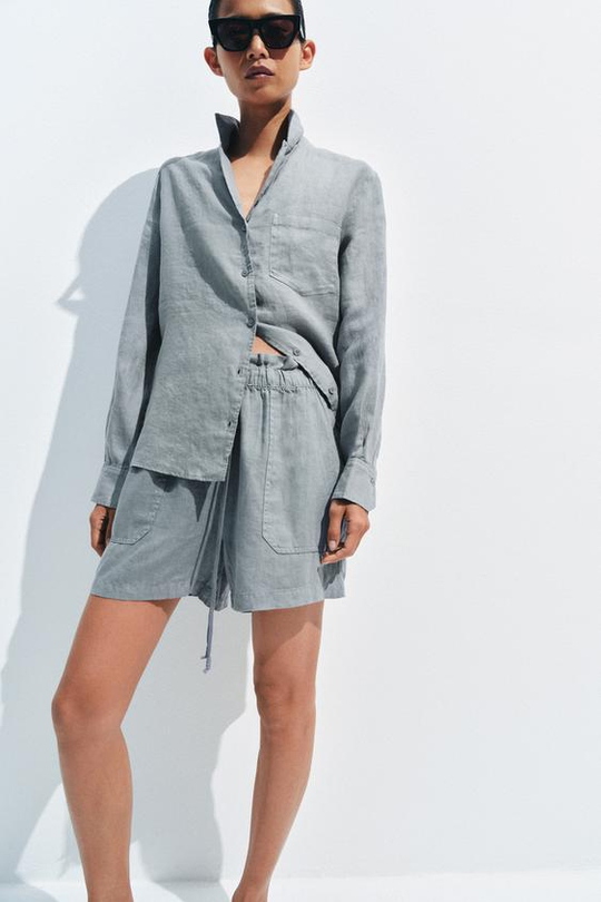 ZARA РУБАШКА ИЗ ЛЬНА С КАРМАНОМ — ZW COLLECTION, ЗЕЛЕНОВАТО-СИНИЙ