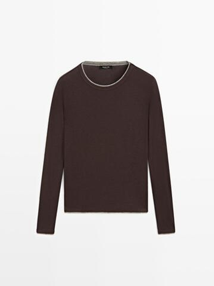 Massimo Dutti Футболка с длинными рукавами и двойной строчкой, коричневый