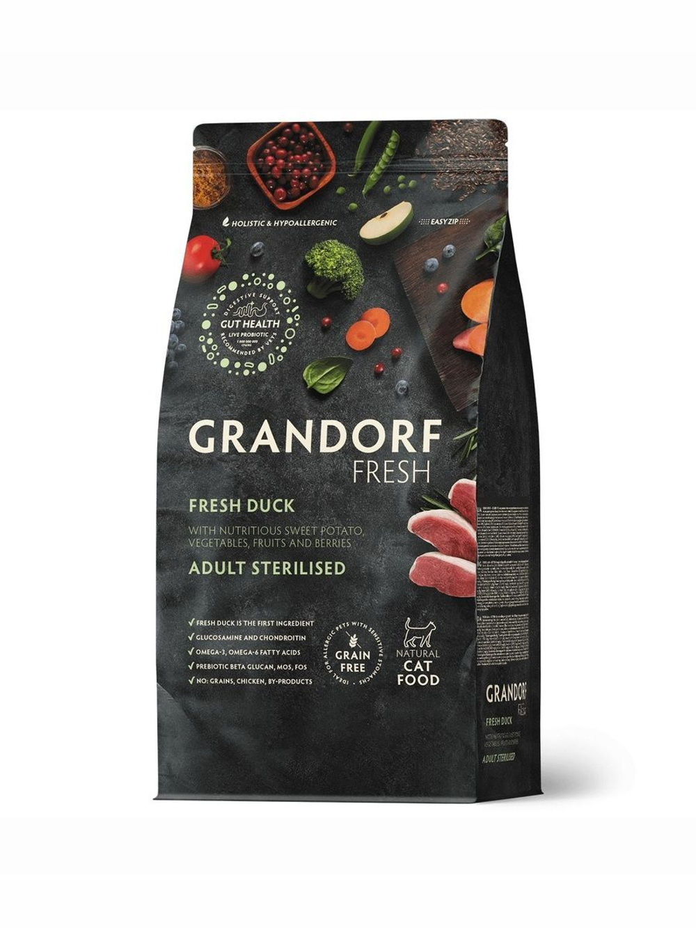 Grandorf Fresh Cat Potato корм сухой беззерновой для стерилизованных кошек утка,батат