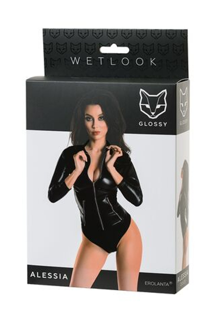 Glossy Alessia - Боди из материала Wetlook на молнии, черное, S