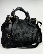 Женская плетеная сумка из натуральной винтажной кожи черного цвета