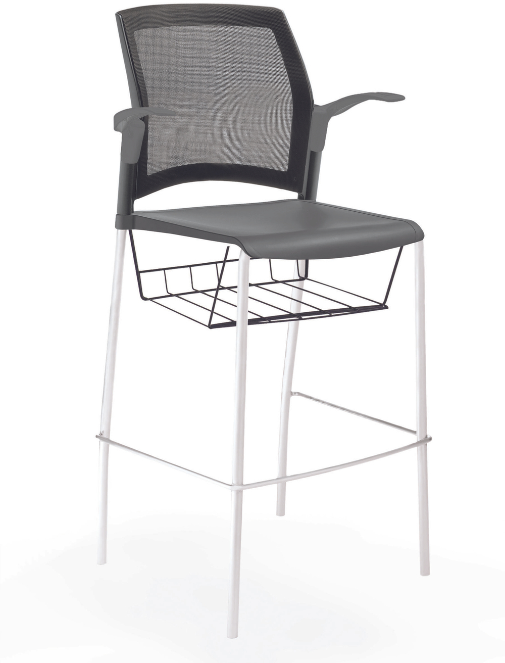 стул Rewind стул барный на 4 ногах, каркас белый, пластик серый, спинка-сетка, с открытыми подлокотниками, с подседельной крышкой