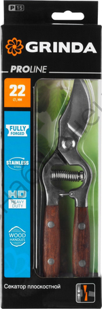 GRINDA P-15, 210 мм, нержавеющая сталь, с деревянными рукоятками, цельнокованый плоскостной секатор, PROLine (423415)