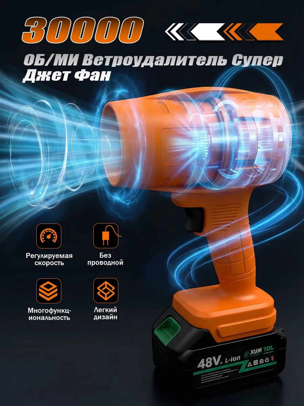 Воздуходувка аккумуляторная мощная OUOU POWER TOOLS, 2 АКБ,