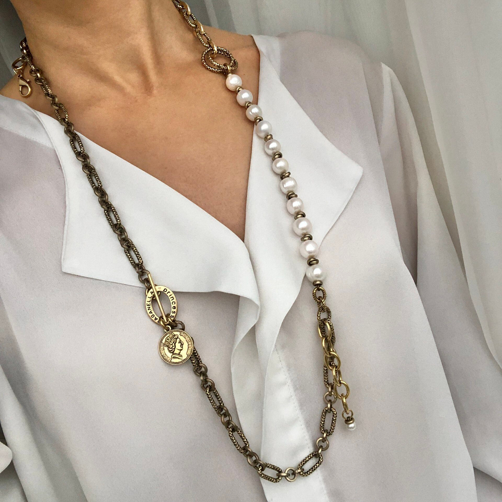 Колье ассиметрия жемчуг/золото, Италия