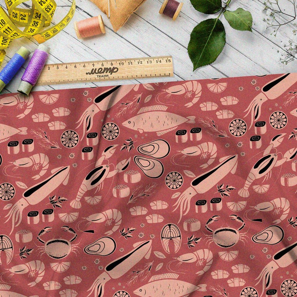 Ткань муслин коралловые морепродукты на красном фоне