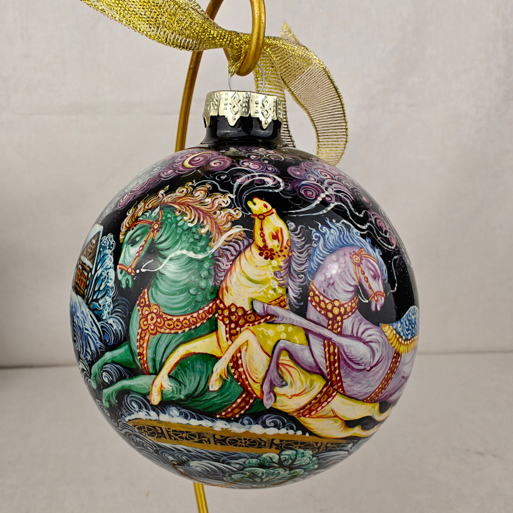 Шар новогодний (круговая роспись Палех) "Зимняя тройка" в коробке