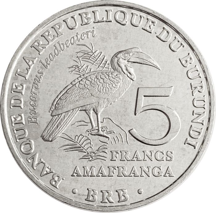 5 франков 2014 Бурунди «Кафрский рогатый ворон»