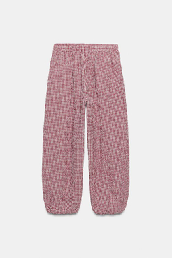 ZARA БРЮКИ-БАГГИ В КЛЕТКУ ВИШИ, БЕЛЫЙ/КРАСНЫЙ