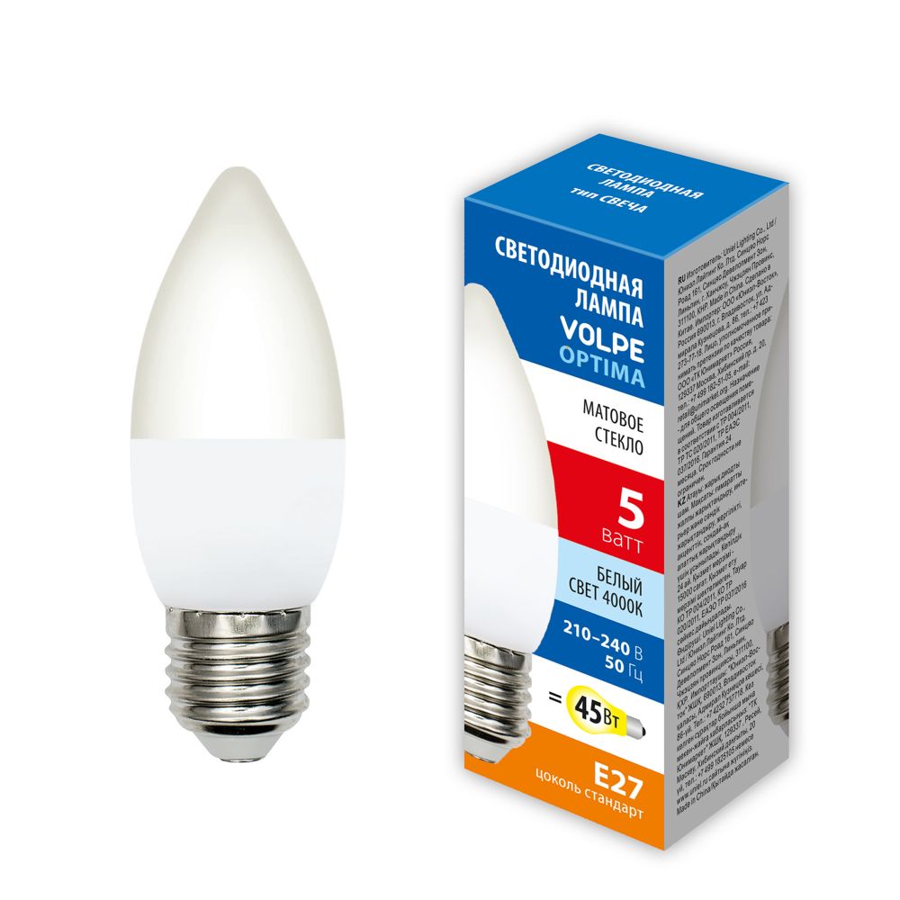 LED-C37-5W-4000K-E27-FR-SLS Лампа светодиодная. Форма свеча. матовая. Белый свет 4000K. ТМ Volpe