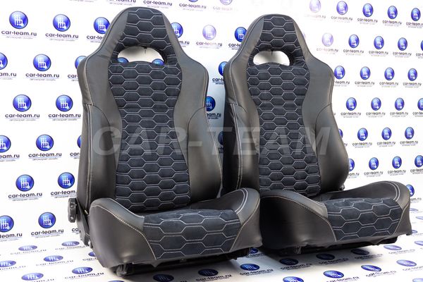 Сиденья "Recaro" (Рекаро) в сборе на ВАЗ 2108, 2109, 21099, 2113, 2114, 2115 из экокожи+алькантара с узором "Крупные соты"