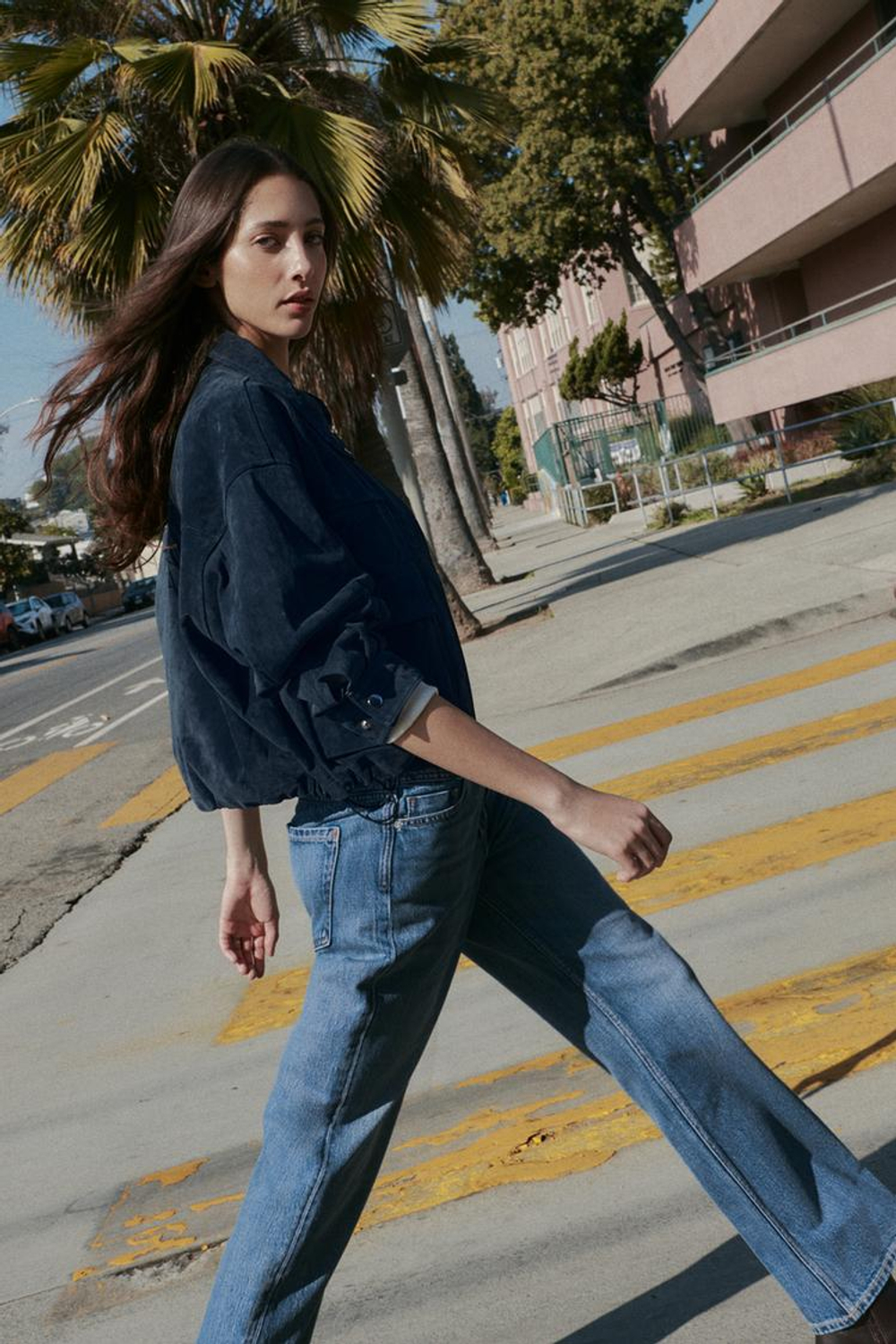 ZARA КУРТКА-БОМБЕР ИЗ 100% КОЖИ, ТЕМНО-СИНИЙ