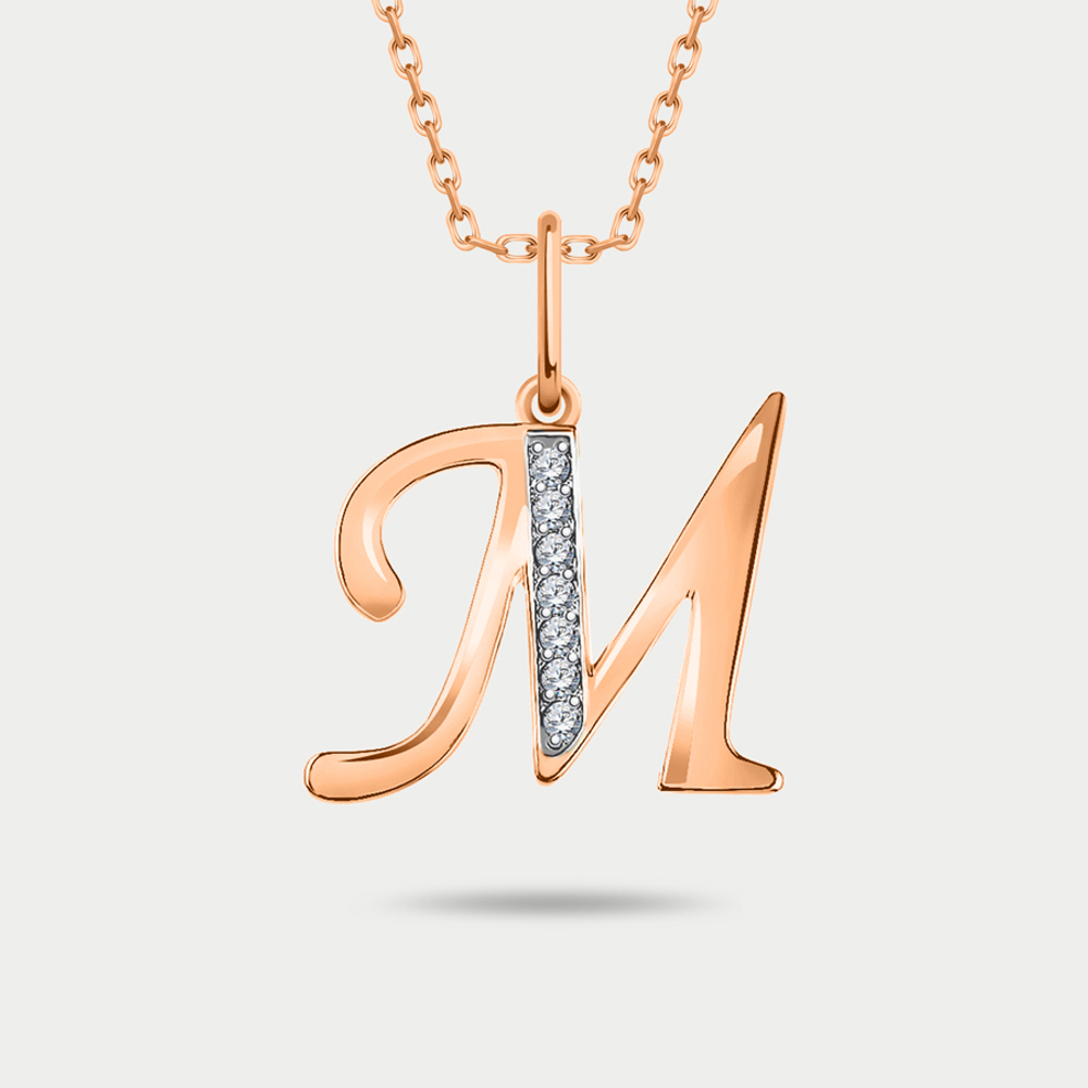 Подвеска-буква "М"  из розового золота 585 пробы с фианитами для женщин (арт. 5732 "М")