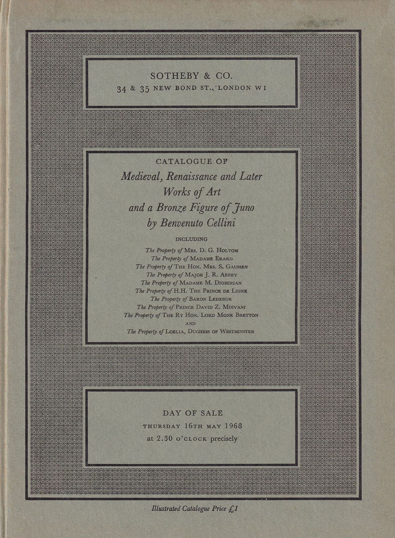 Каталог аукциона Sotheby's, Лондон, Искусство эпохи Средневековья, Возрождения и постренессанса, Бронзовая "Юнона" Бенвенуто Челлини от 16 мая 1968 года