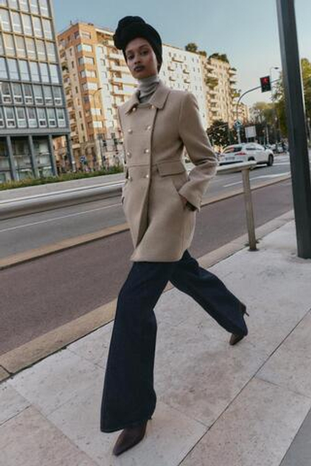 ZARA КОРОТКОЕ ДВУБОРТНОЕ ПАЛЬТО С ШЕРСТЬЮ, СВЕТЛЫЙ СЕРО-КОРИЧНЕВЫЙ