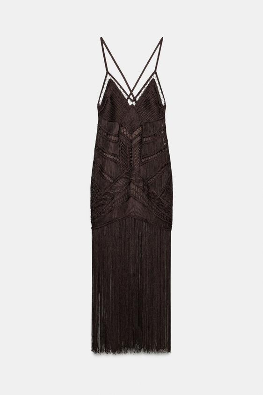 ZARA ДЛИННОЕ ПЛАТЬЕ С БАХРОМОЙ — ZW COLLECTION, КОРИЧНЕВЫЙ