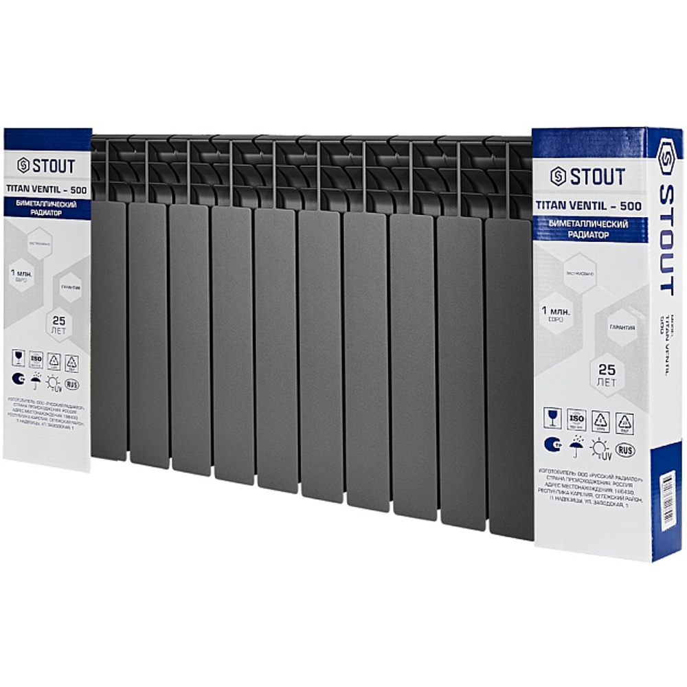 Радиатор биметаллический STOUT TITAN VENTIL 500 - 14 секций (подключение нижнее правое, цвет графит RAL 7024)