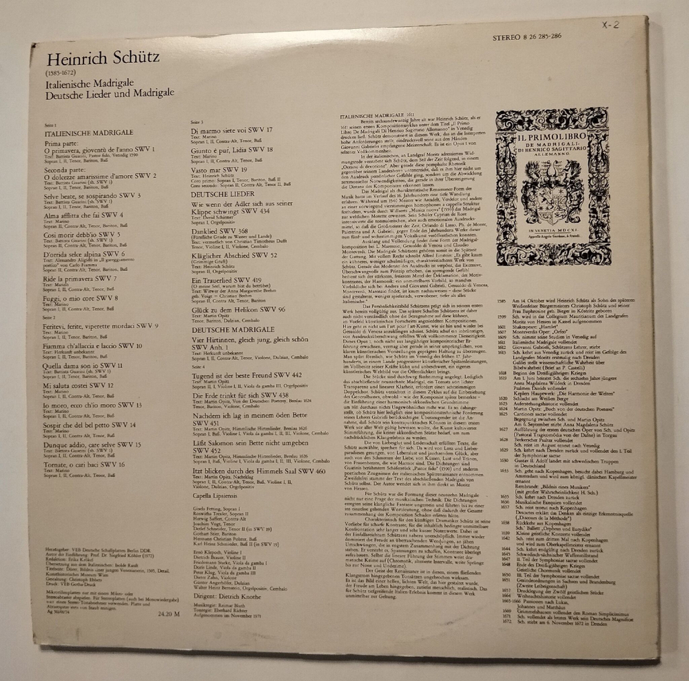 Винтажная виниловая пластинка LP Schuгtz Генрих Шютц Italienische Madrigale, Deutsche Lieder Und Madrigale 2LP (ГДР 1972)