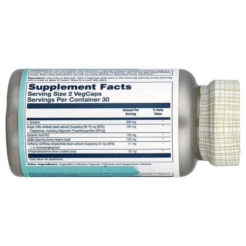 Solaray, Содержит L-тирозин, экстракт виноградных косточек, габа и 5-HTP для взрослых, 60 растительных капсул
