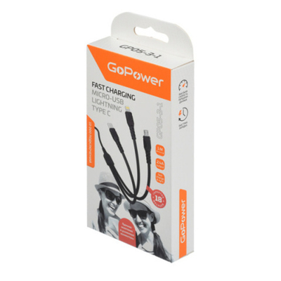 Кабель GoPower GP05-3-1 USB (m)-2хType-C/Lightning/microUSB (m) черный