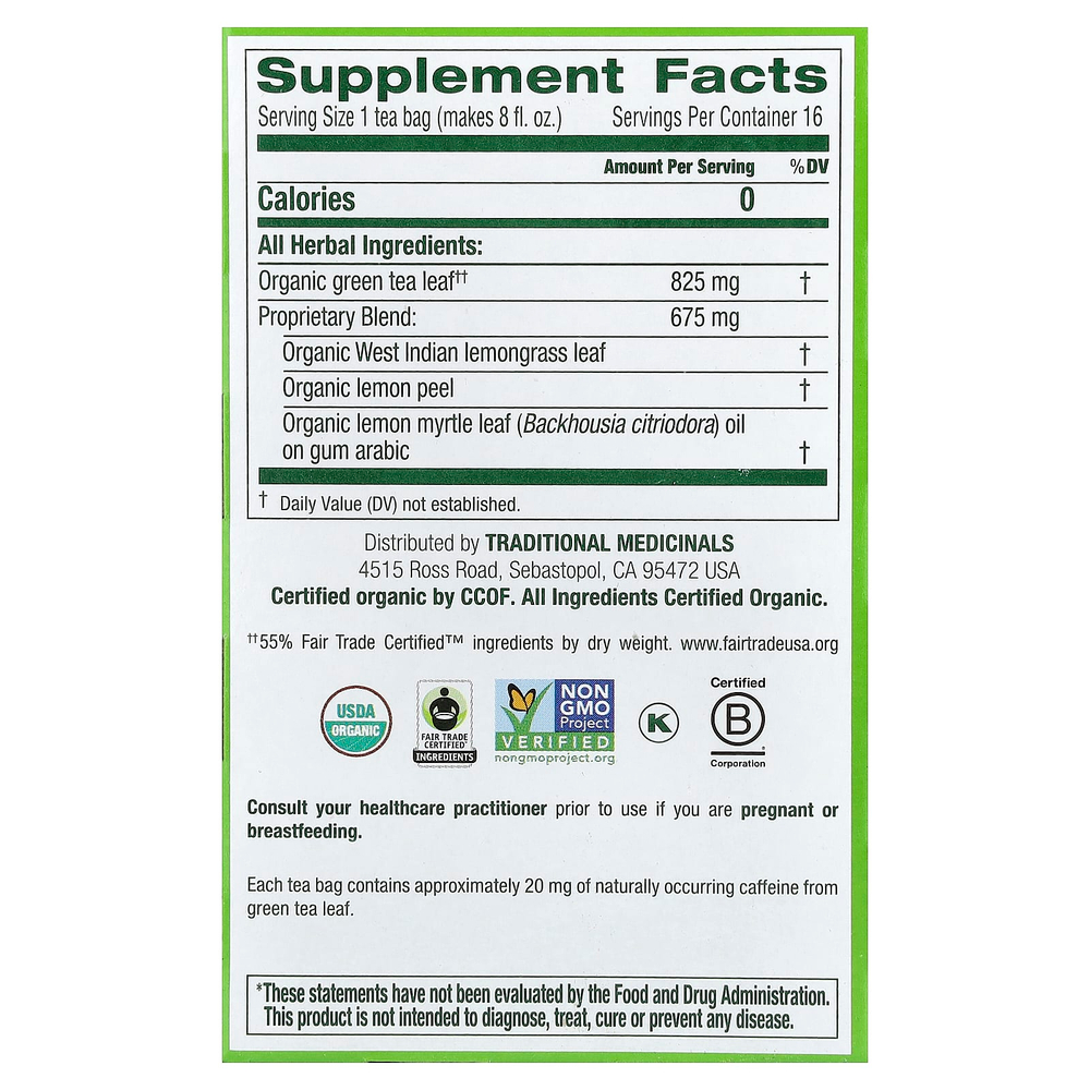 Traditional Medicinals, органический зеленый чай, лемонграсс, 16 чайных пакетиков, 24 г (0,85 унции)