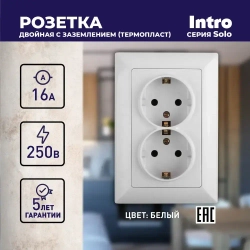 Розетка Intro Solo 4-205-01 с заземлением двойная 2X2P+E Schuko 16А-250В IP20 скрытой установки белая