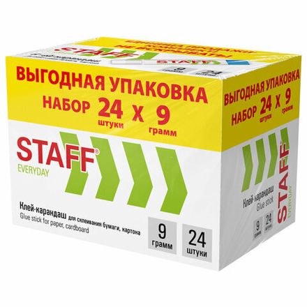 Клей-карандаш 9 г, ВЫГОДНАЯ УПАКОВКА, КОМПЛЕКТ 24 ШТУКИ, STAFF EVERYDAY, 273016