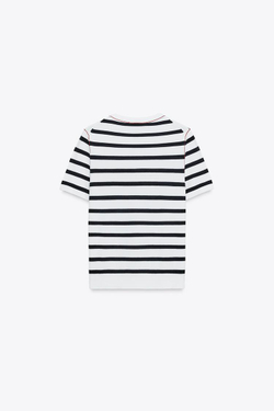 ZARA ТРИКОТАЖНЫЙ ТОП С КОРОТКИМИ РУКАВАМИ И ОТДЕЛКОЙ, ПОЛОСКИ