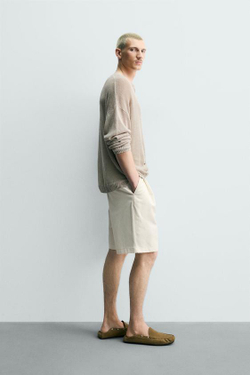 ZARA ШОРТЫ RELAXED FIT С СКЛАДКАМИ И ПОЯСОМ, ЖЕЛТОВАТО-БЕЛЫЙ