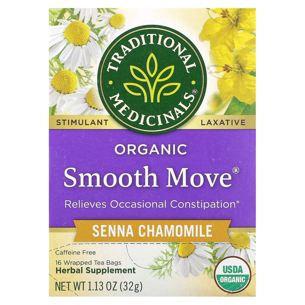 Traditional Medicinals, Smooth Move, органическое слабительное средство, ромашка и сенна, без кофеина, 16 чайных пакетиков, 32 г, (1,13 унции)
