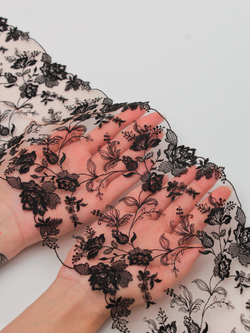 Вышивка на сетке телесная с черным неэластичная ширина 16 см