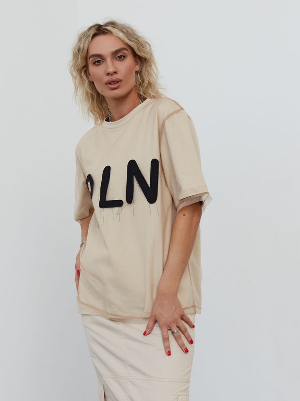 Футболка двойная с сеткой и буквами PLN, бежевый