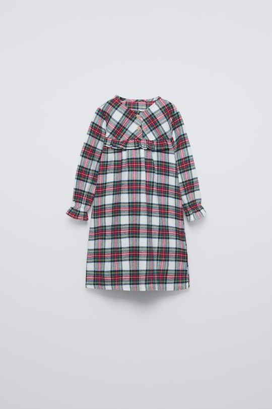 ZARA НОЧНАЯ РУБАШКА ИЗ ФЛАНЕЛИ В КЛЕТКУ, БЕЛЫЙ