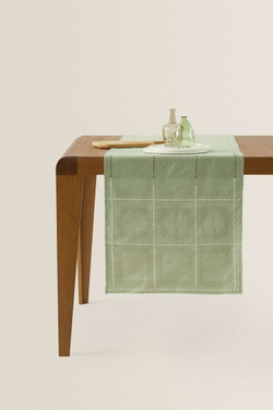 ZARA HOME ДОРОЖКА ДЛЯ СТОЛА С ВЫШИВКОЙ В КЛЕТКУ, ЗЕЛЕНЫЙ