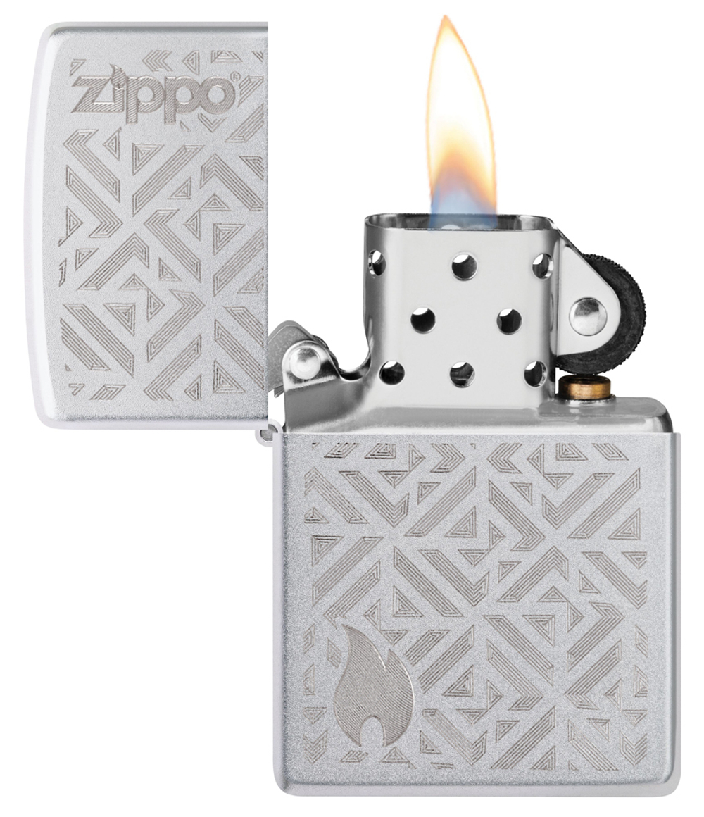 Зажигалка Zippo Logo and Flame с покрытием Satin Chrome, латунь/сталь, серебристая, матовая, 38x13x5