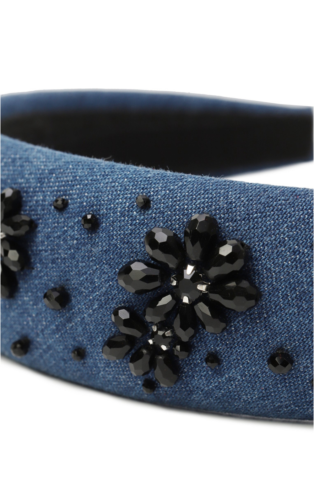 Ободок объемный из синей джинсы с черными цветами
