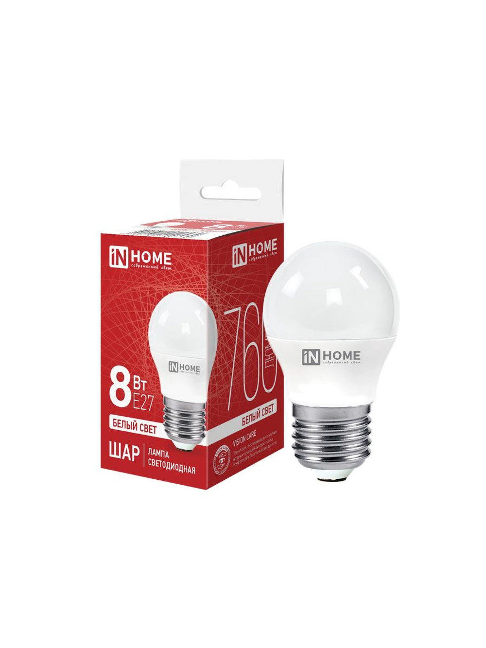 Лампа светодиодная LED-ШАР-VC 8Вт шар 4000К нейтр. бел. E27 760лм 230В IN HOME 4690612020570