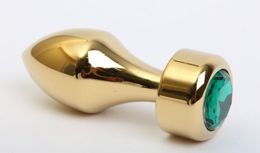 Золотистая анальная пробка с широким основанием и зелёным кристаллом - 7,8 см. (Цвет: зеленый)
