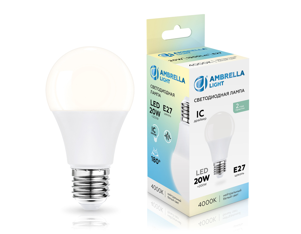 Лампа светодиодная 602004 LED A60 20W IC E27 4000K 175-265V