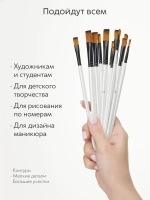 Набор кистей для рисования синтетика плоские (кисточки № с 1 по 12) 12 шт., дерево белые